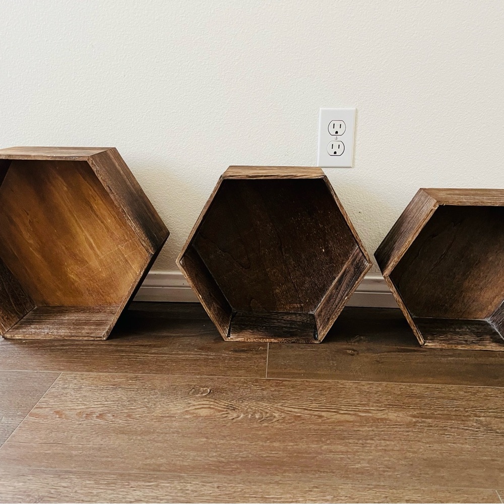Rustic Hexagon Wooden Wall Shelves Set of 3
